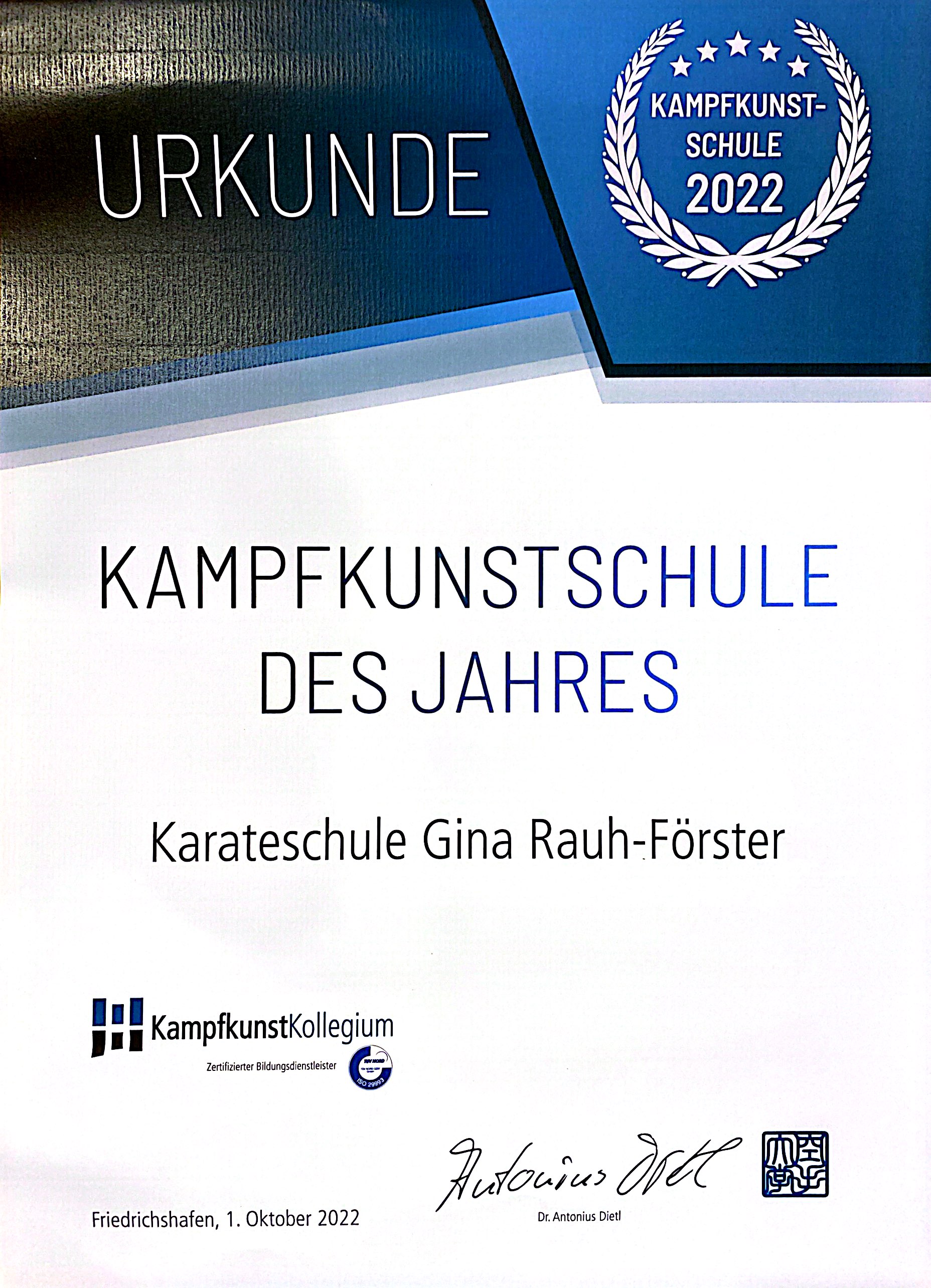Urkunde der Kampfkunstschule des Jahres 2022
