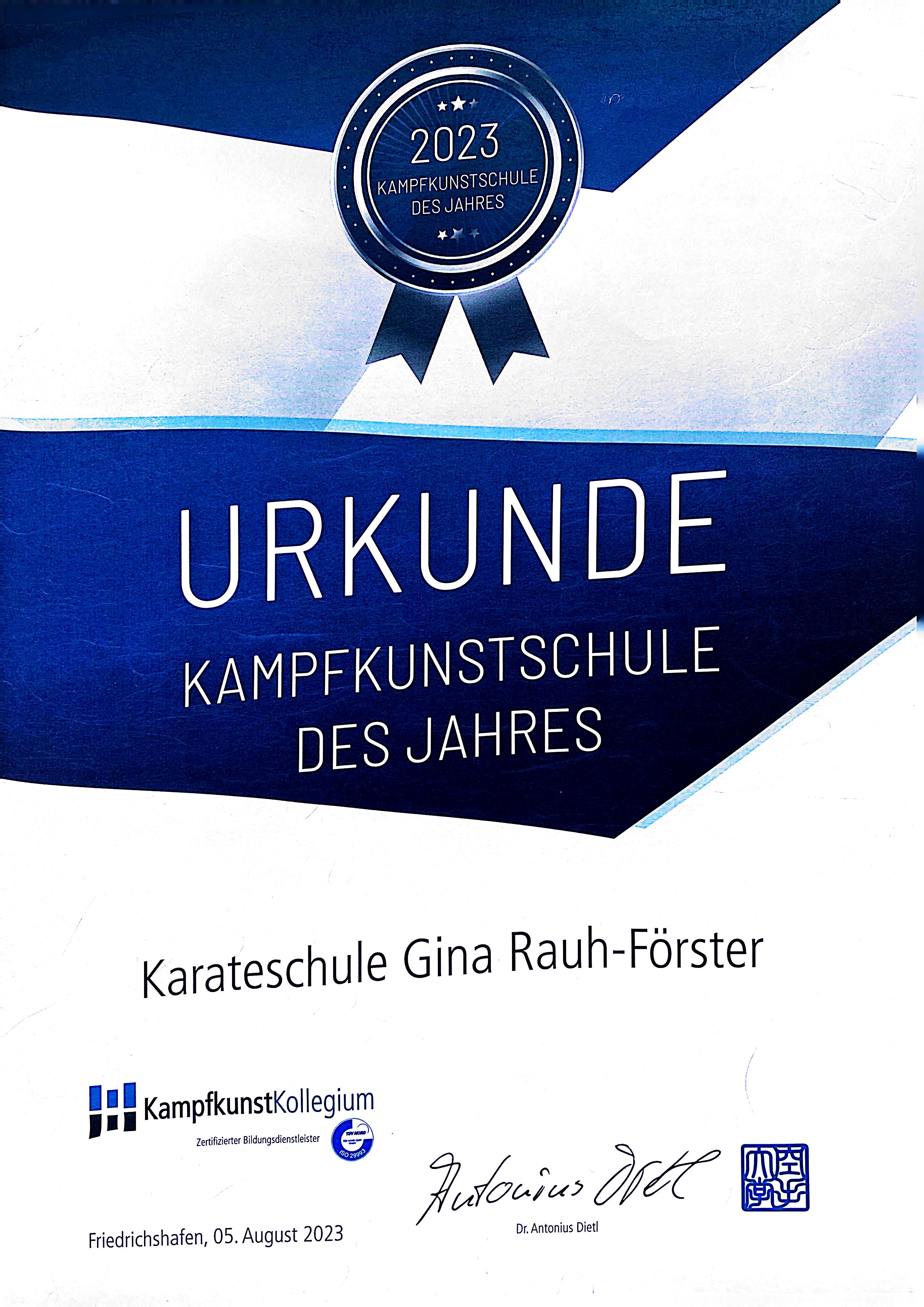 Urkunde der Kampfkunstschule des Jahres 2023